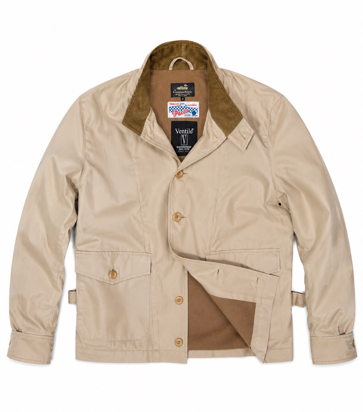 Front view of the beige Corsa 55 Jacket with its lower front panel opened to reveal the interior